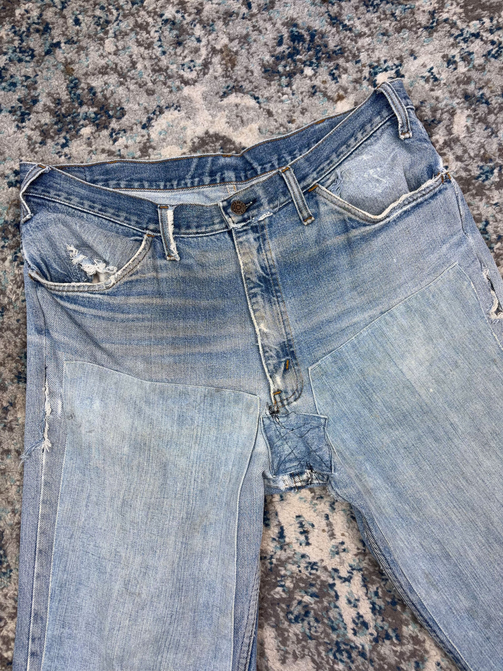 Vintage Plain Pockets Light Wash Thrashed Denim Double Knee Workwear Pants Size 36