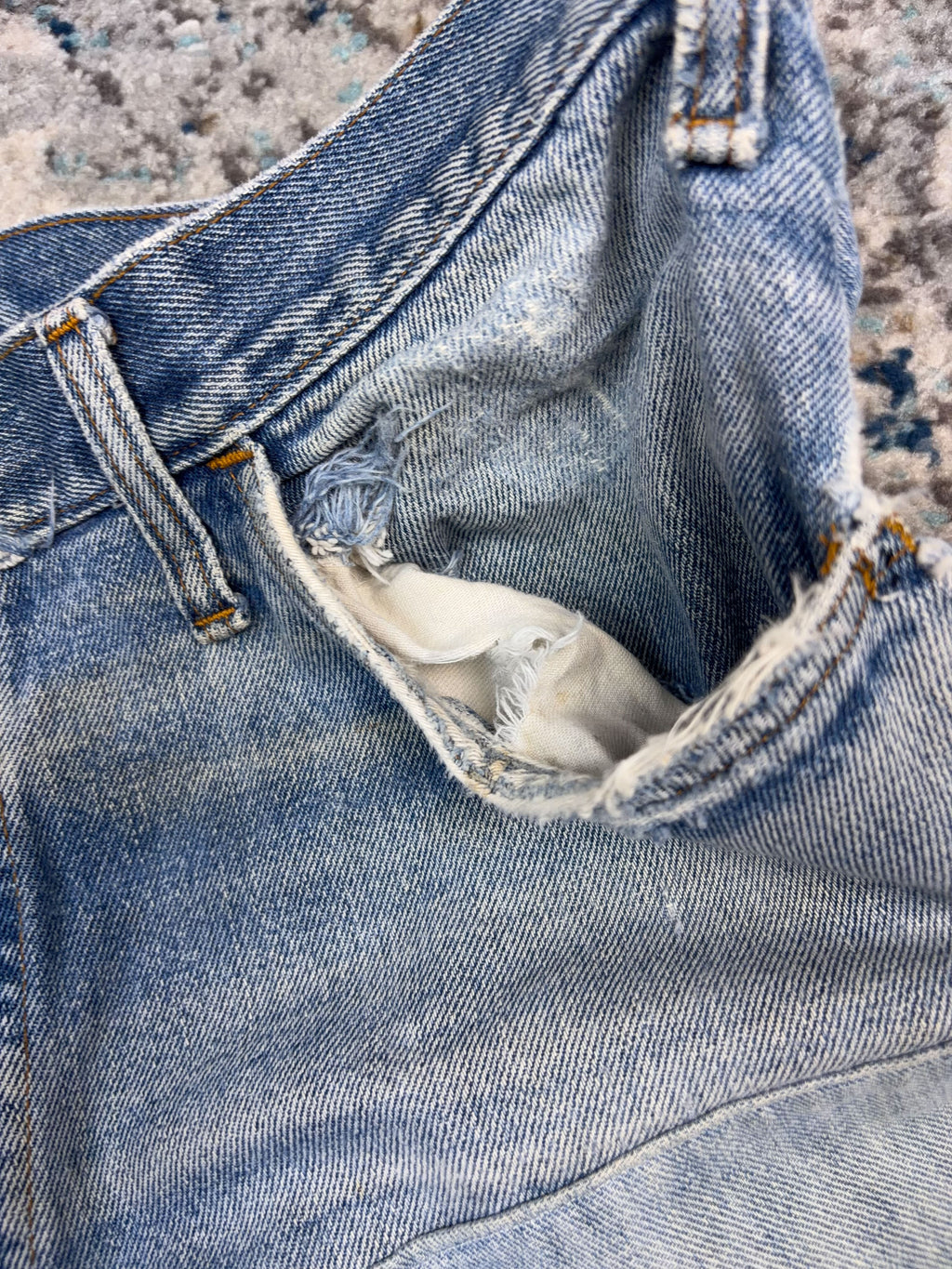 Vintage Plain Pockets Light Wash Thrashed Denim Double Knee Workwear Pants Size 36