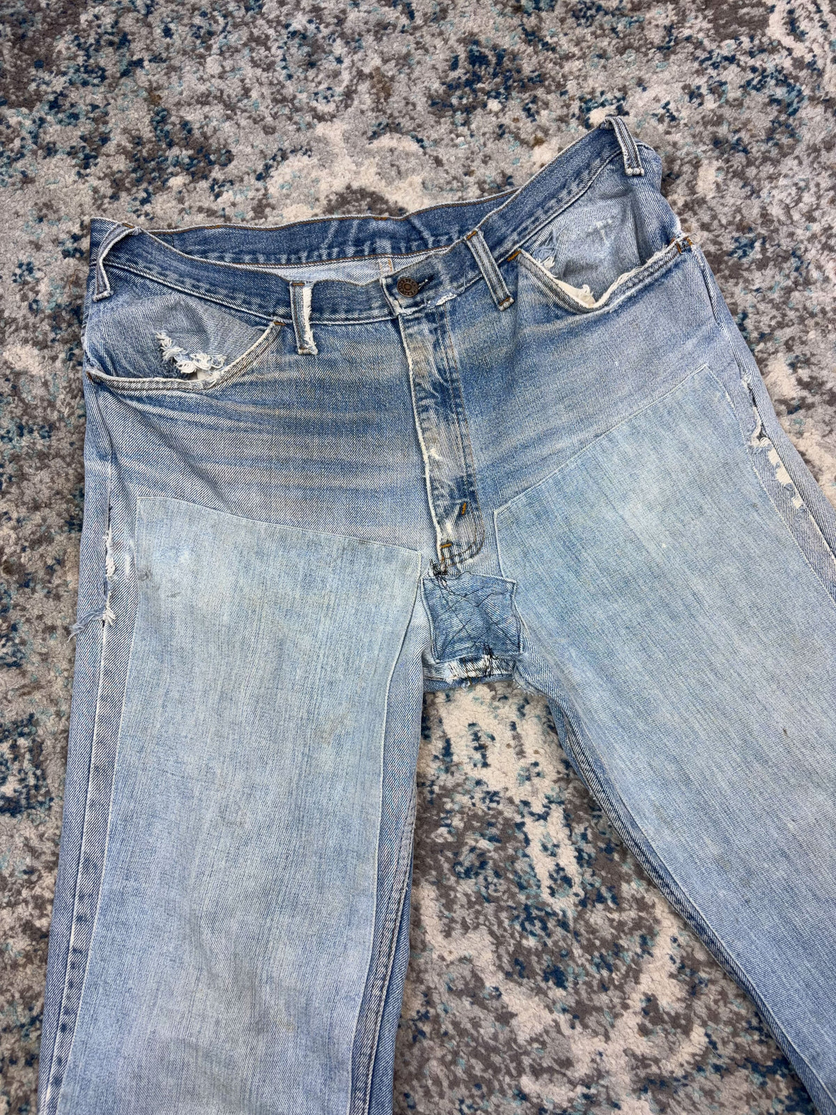 Vintage Plain Pockets Light Wash Thrashed Denim Double Knee Workwear Pants Size 36