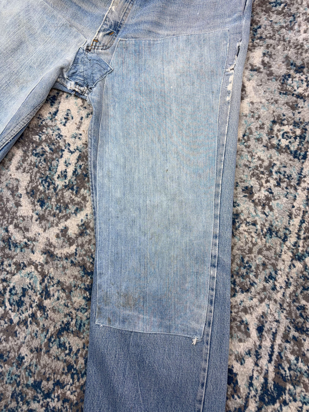 Vintage Plain Pockets Light Wash Thrashed Denim Double Knee Workwear Pants Size 36