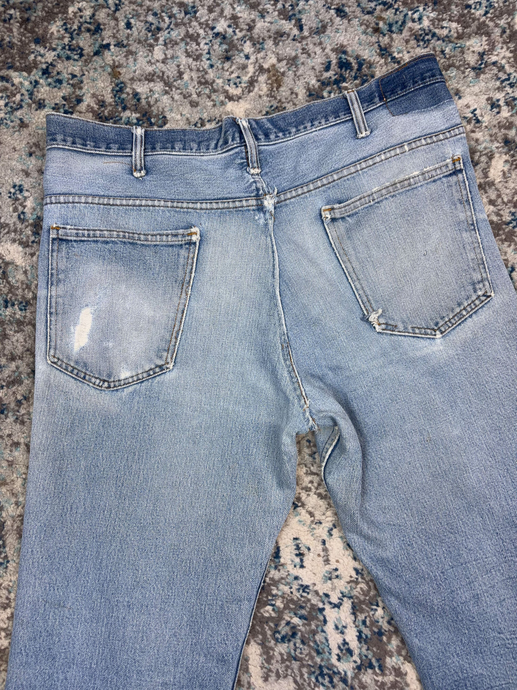 Vintage Plain Pockets Light Wash Thrashed Denim Double Knee Workwear Pants Size 36