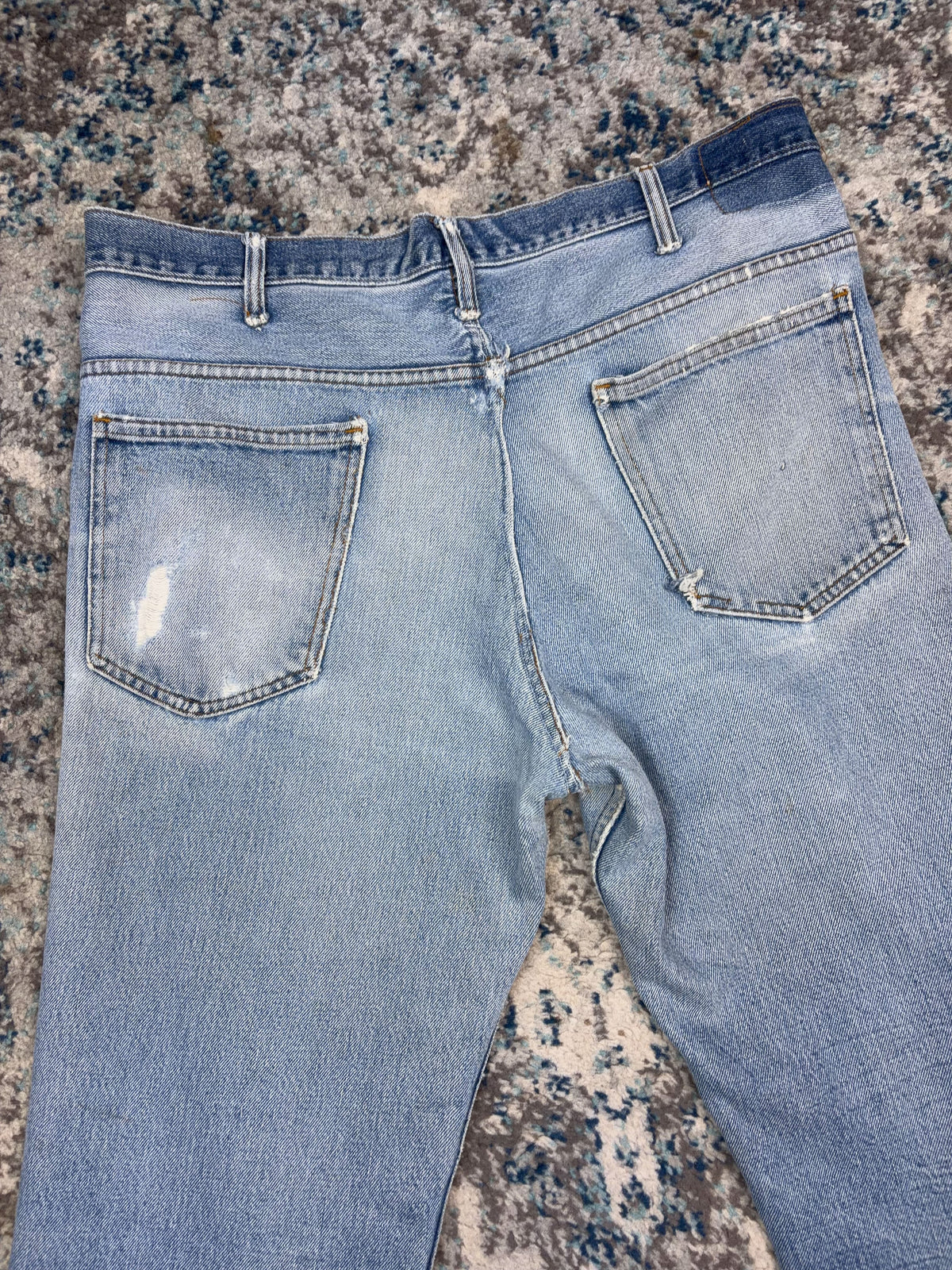 Vintage Plain Pockets Light Wash Thrashed Denim Double Knee Workwear Pants Size 36