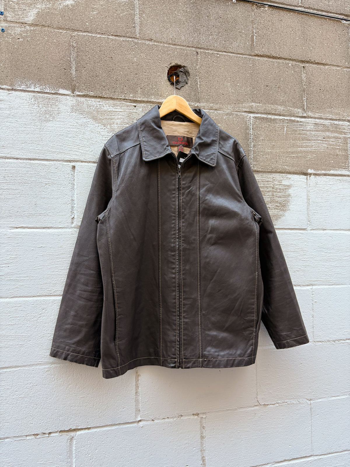 Vintage Danier Contrast Stitch Full Zip Genuine Brown Leather Jacket Size Medium