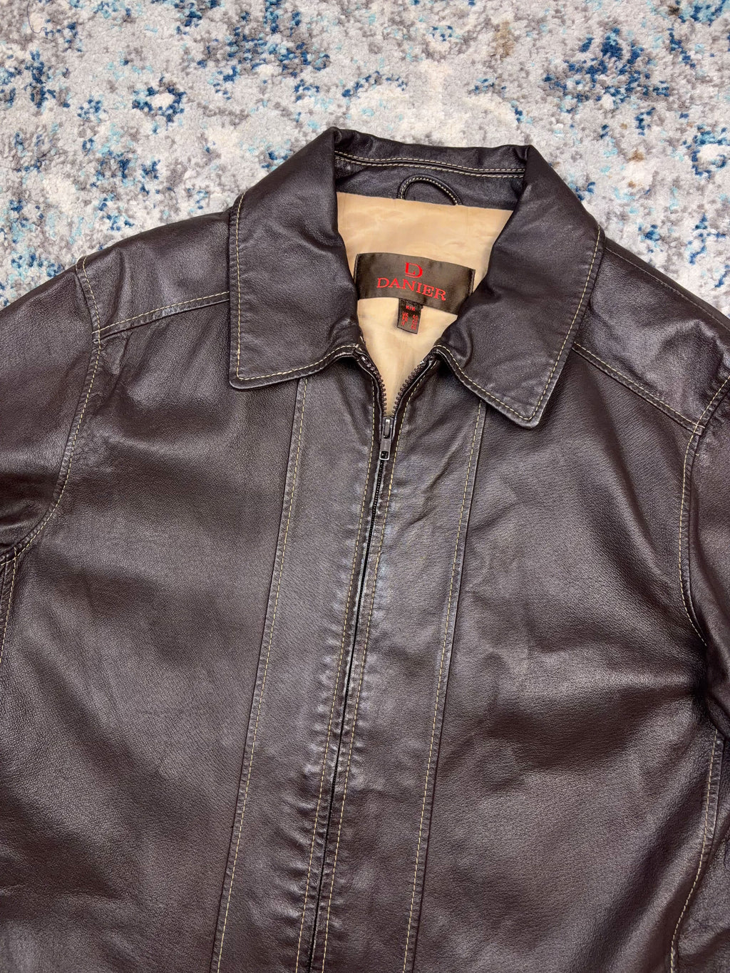 Vintage Danier Contrast Stitch Full Zip Genuine Brown Leather Jacket Size Medium