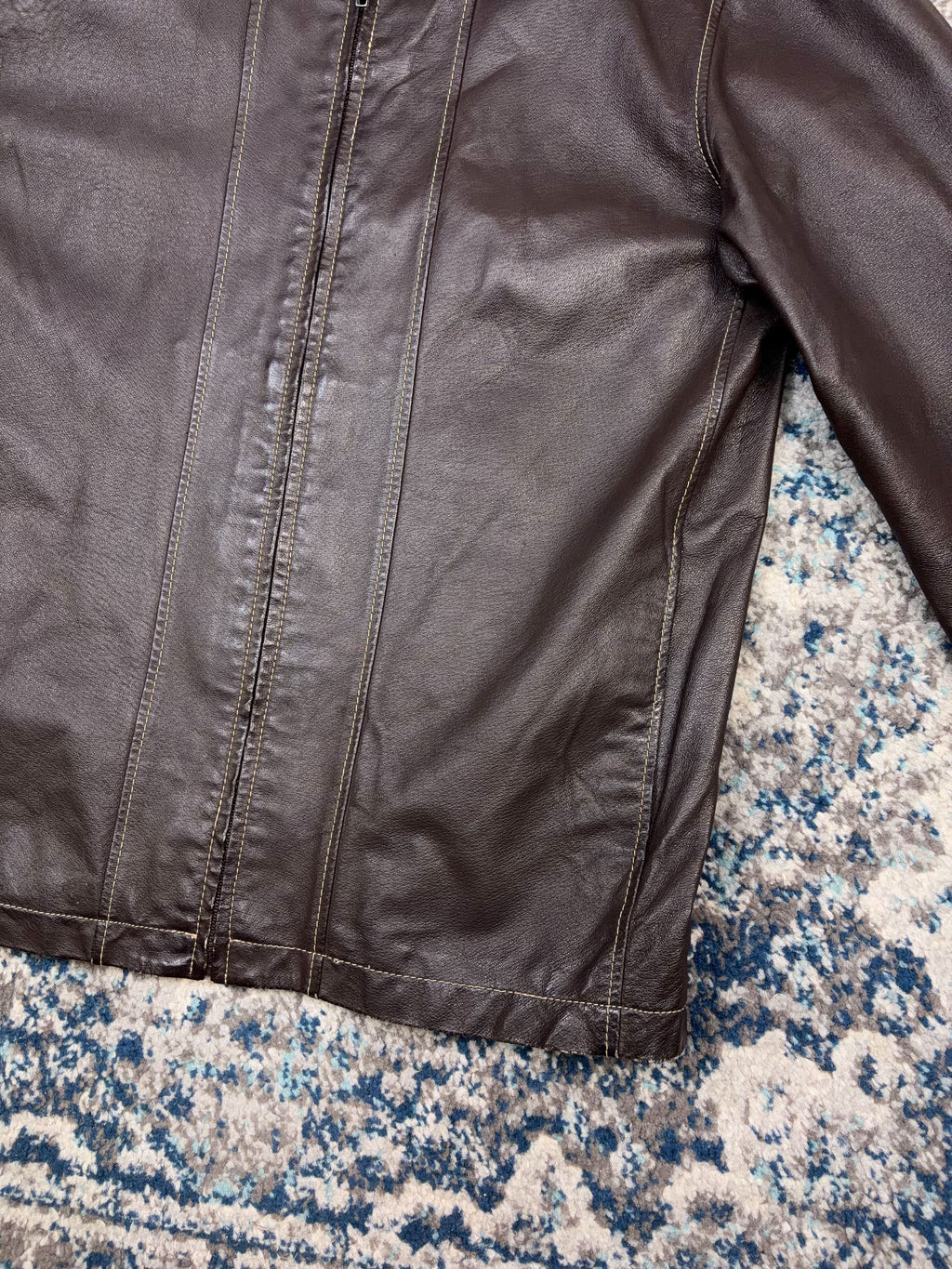 Vintage Danier Contrast Stitch Full Zip Genuine Brown Leather Jacket Size Medium