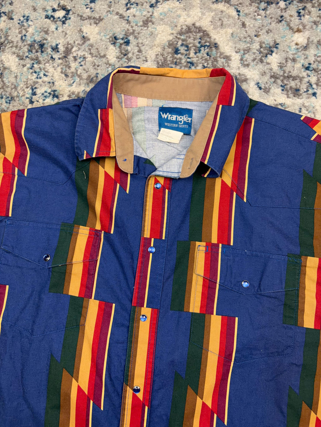 Vintage 90s Wrangler Blue Pearl Snap Aztec Stripe Reworked Cropped Button Up Shirt Size 2XL