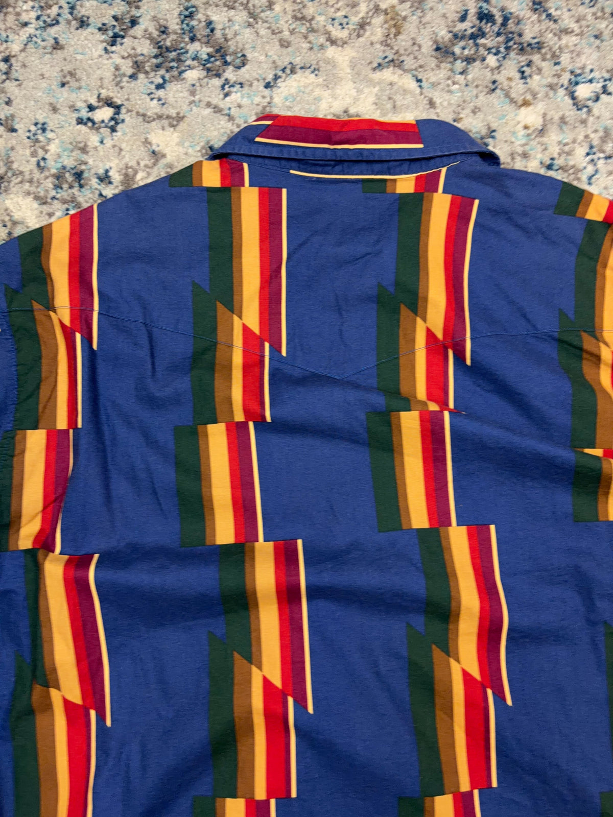 Vintage 90s Wrangler Blue Pearl Snap Aztec Stripe Reworked Cropped Button Up Shirt Size 2XL