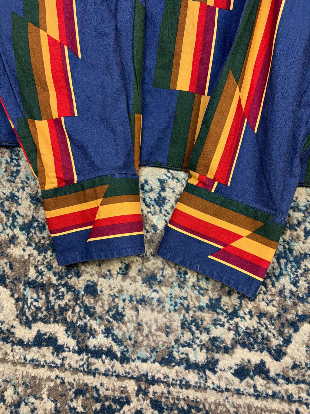 Vintage 90s Wrangler Blue Pearl Snap Aztec Stripe Reworked Cropped Button Up Shirt Size 2XL