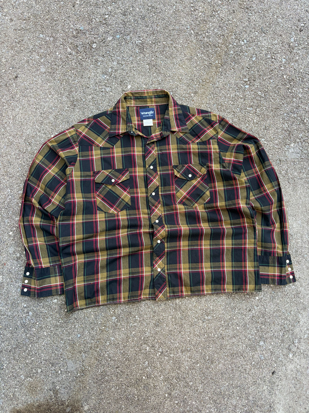 Vintage Wrangler Pearl Snap Plaid Long Sleeve Reworked Cropped Button Up Shirt Size XL