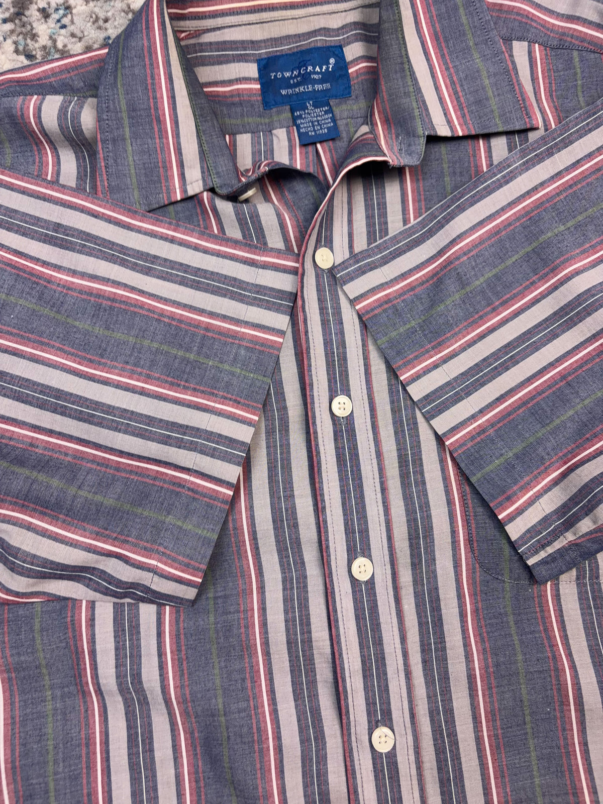 Vintage Towncraft Striped Short Sleeve Reworked Cropped Button Up Shirt Size LT