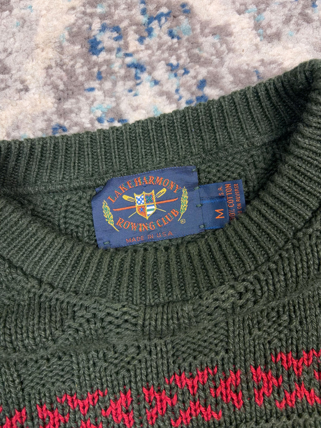 Vintage 90s Lake Harmony Rowing Club Geometric Texture Pattern Knit Sweater Size Medium