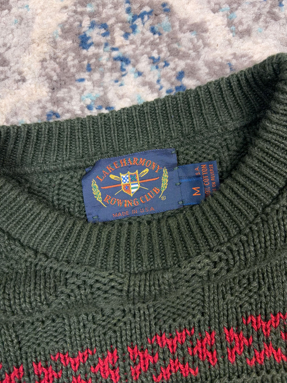 Vintage 90s Lake Harmony Rowing Club Geometric Texture Pattern Knit Sweater Size Medium