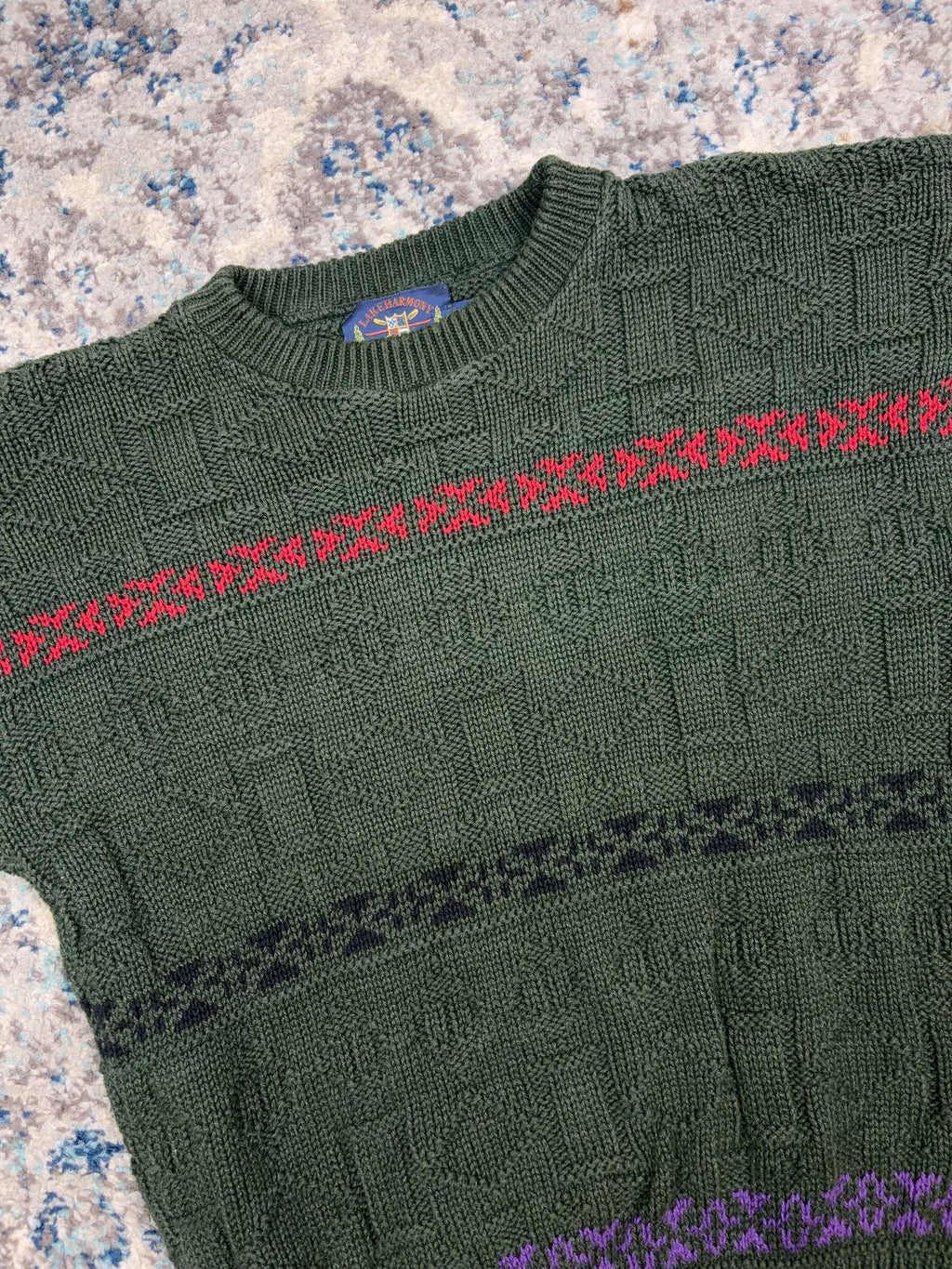 Vintage 90s Lake Harmony Rowing Club Geometric Texture Pattern Knit Sweater Size Medium