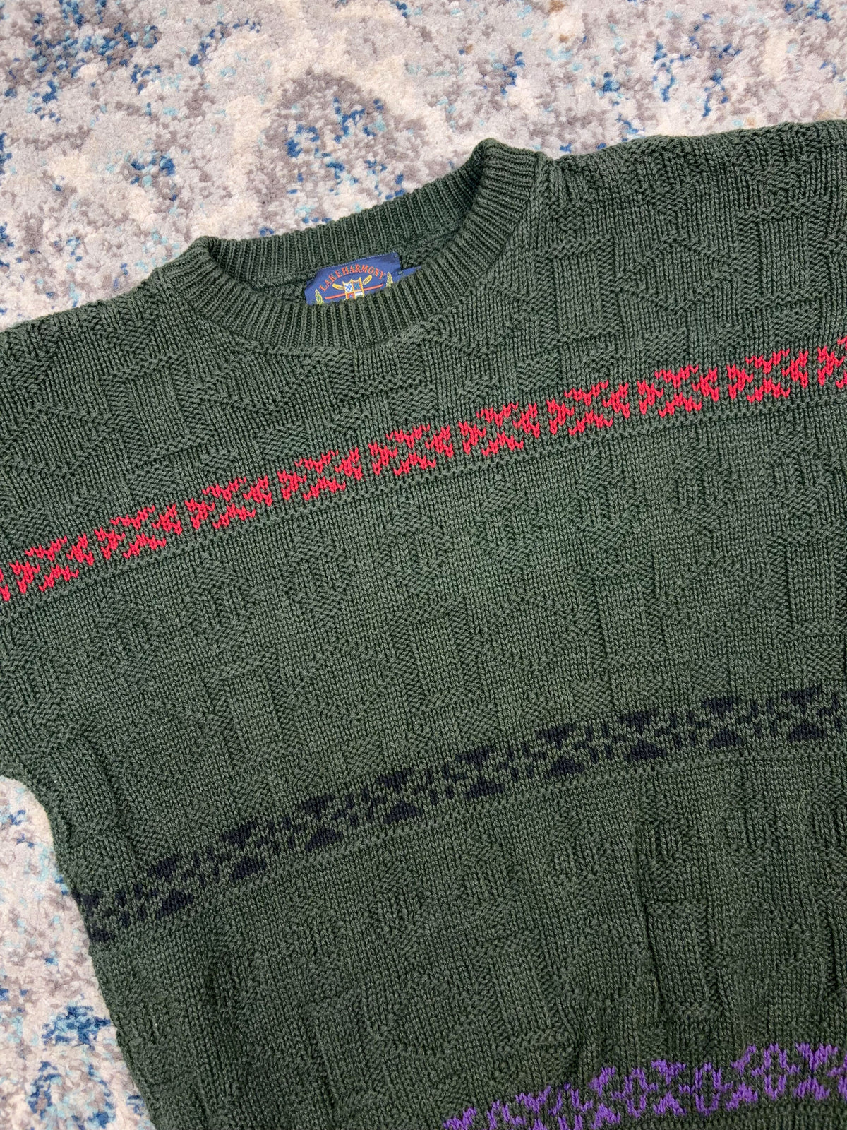 Vintage 90s Lake Harmony Rowing Club Geometric Texture Pattern Knit Sweater Size Medium