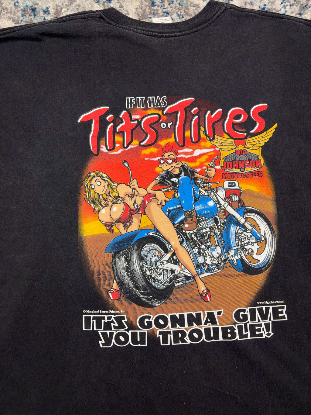 Vintage Big Johnson Motorcycles Tits Or Tires Comedy Graphic T-Shirt Size 3XL