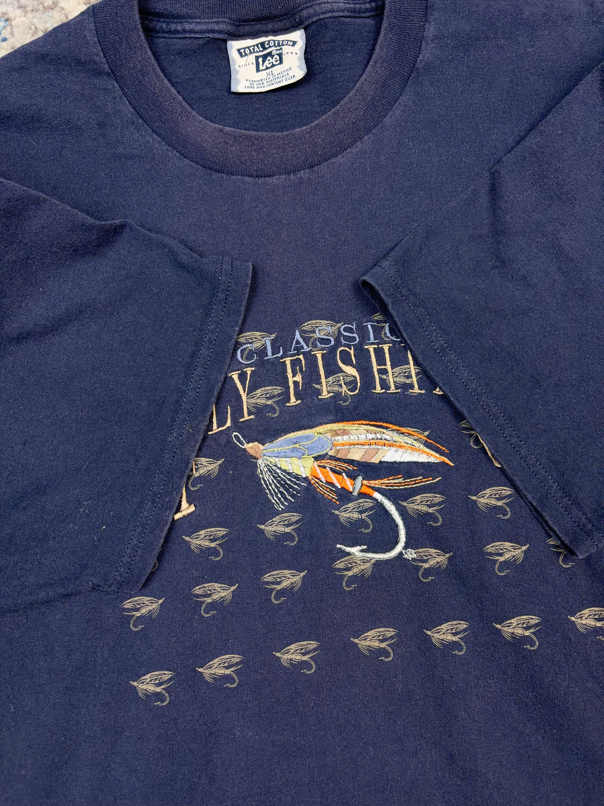 Vintage Classic Fly Fishing Embroidered Spellout Lure T-Shirt Size XL