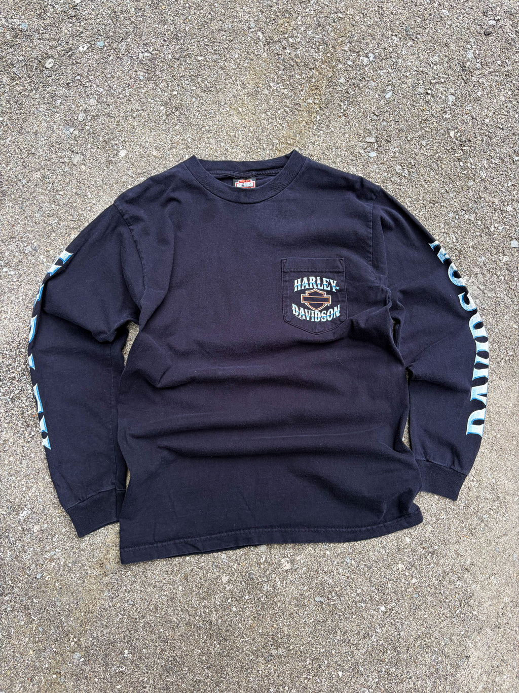 Vintage 2007 Harley Davidson Classic Logo Chrome Long Sleeve Spellout T-Shirt Size Medium