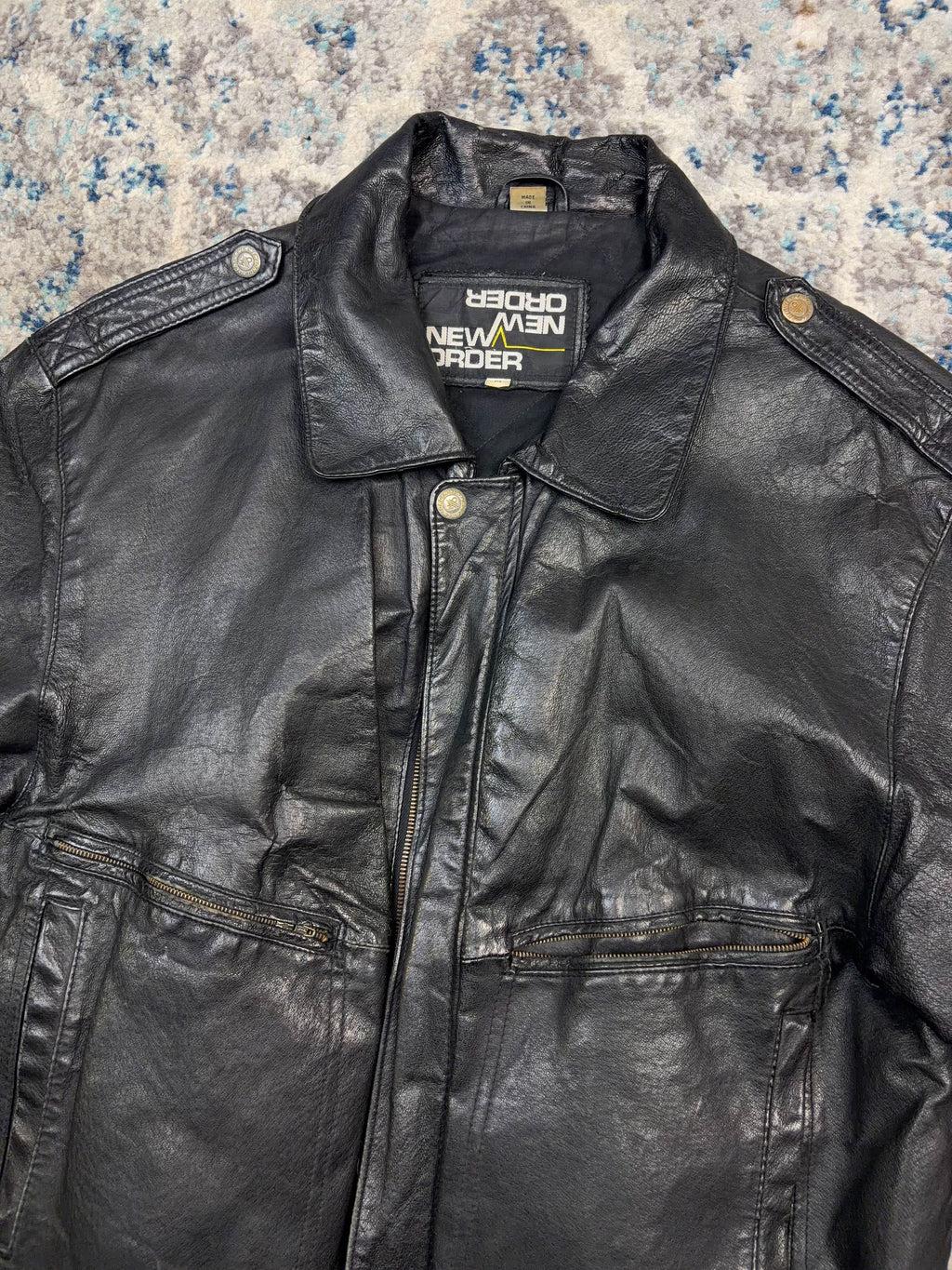 Vintage New Order Quilted Lined Leather Full Zip Bomber Jacket Size Medium