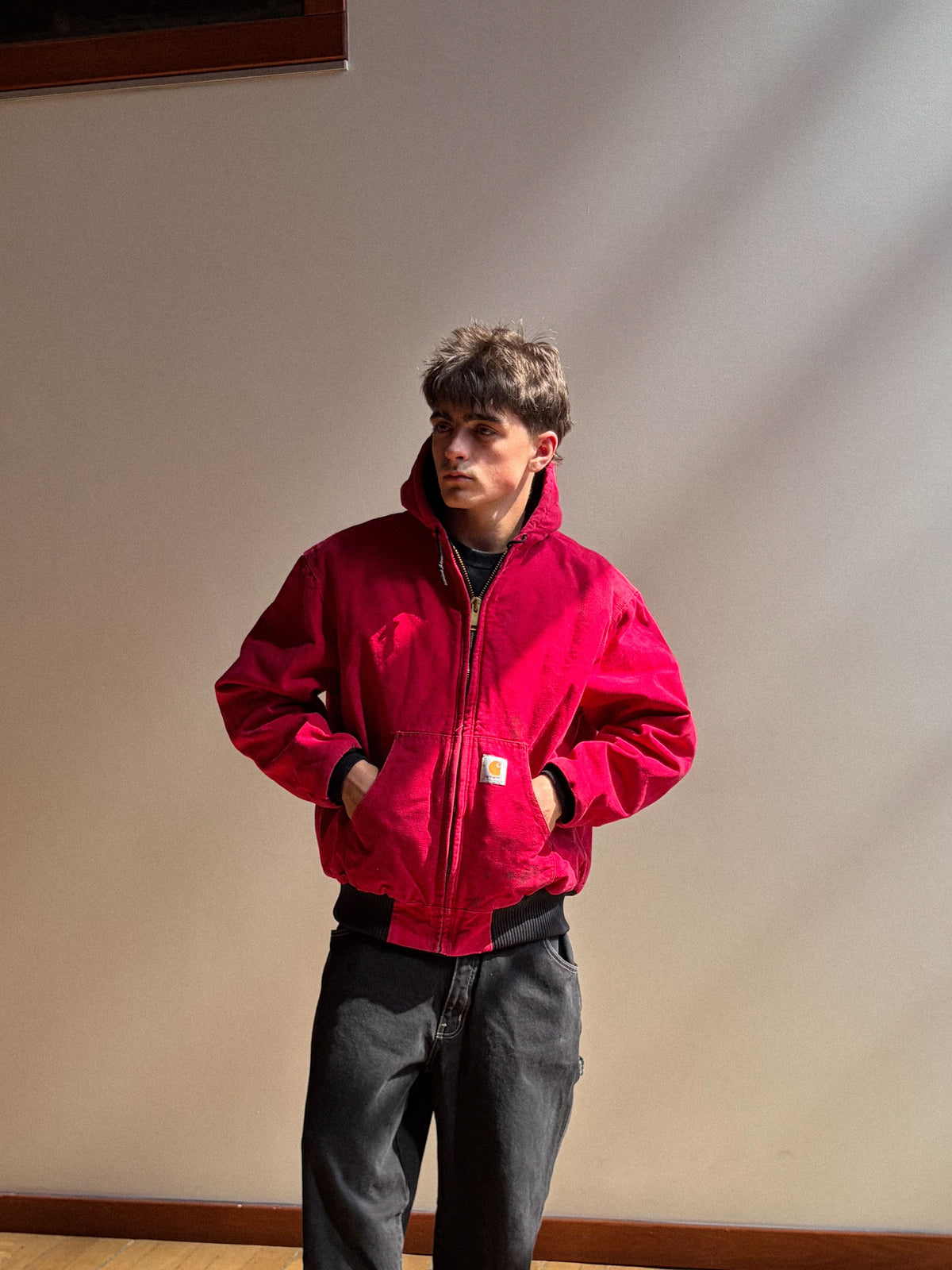 Vintage Carhartt Insulated Canvas Hooded Active Workwear Jacket J04RED Size XL