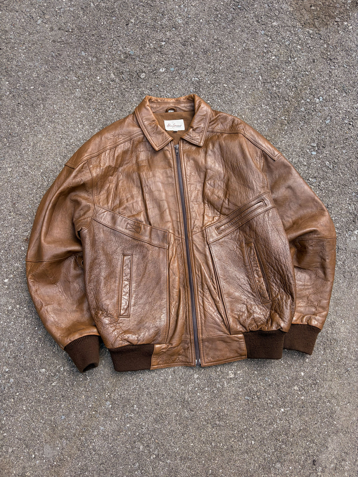 Vintage Adam Spencer Brown Leather Full Zip Bomber Jacket Size LT