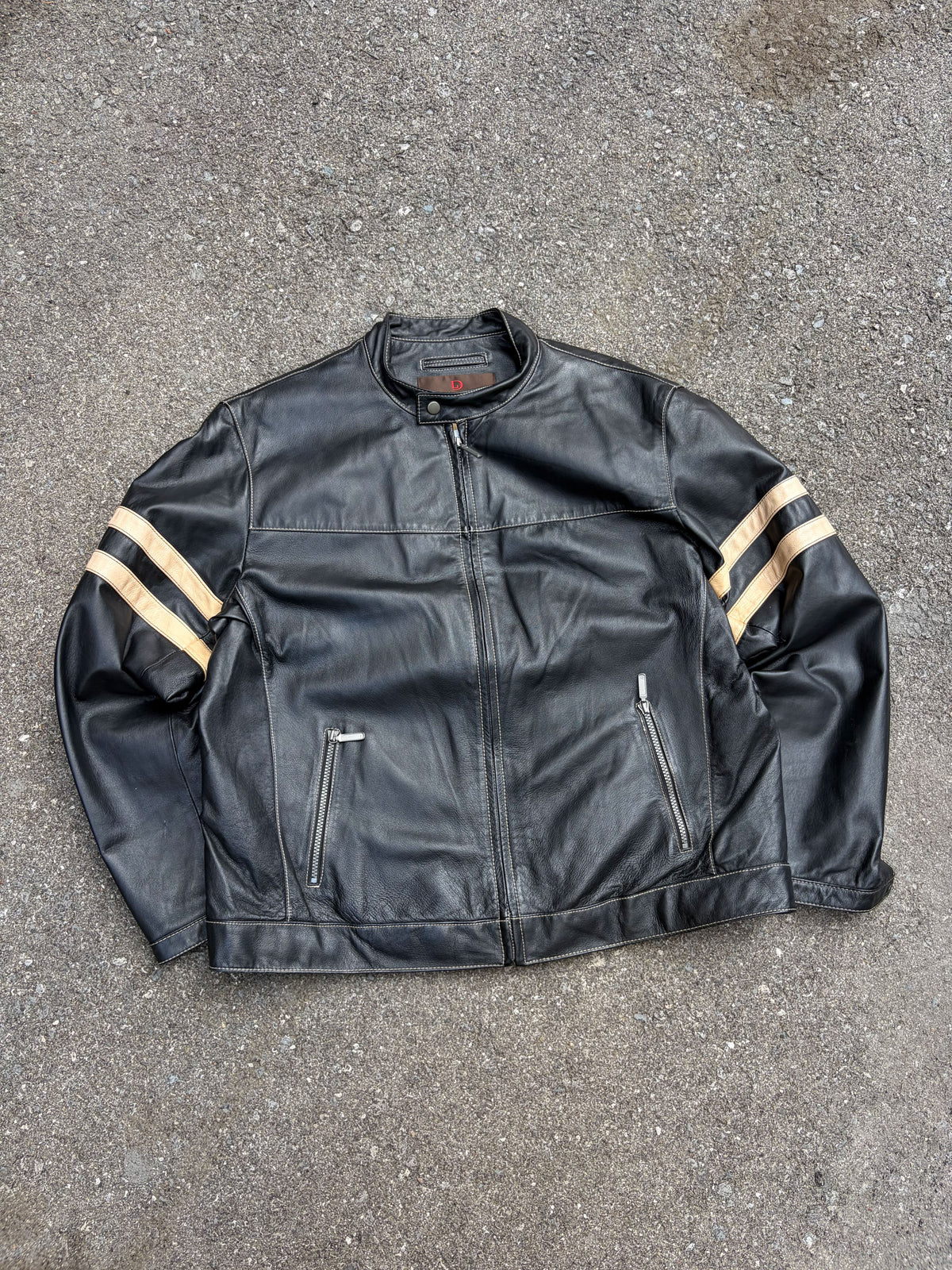 Vintage Danier Contract Stitch Black Leather Cafe Racer Jacket Size XL