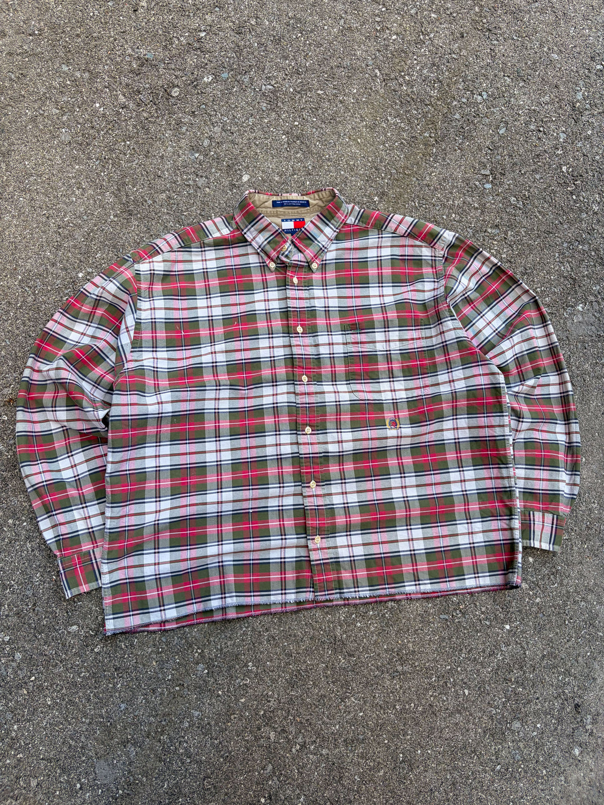 Vintage Tommy Hilfiger Embroidered Crest Plaid Reworked Cropped Button Up Shirt Size Large