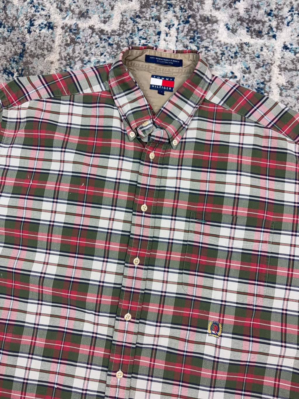 Vintage Tommy Hilfiger Embroidered Crest Plaid Reworked Cropped Button Up Shirt Size Large