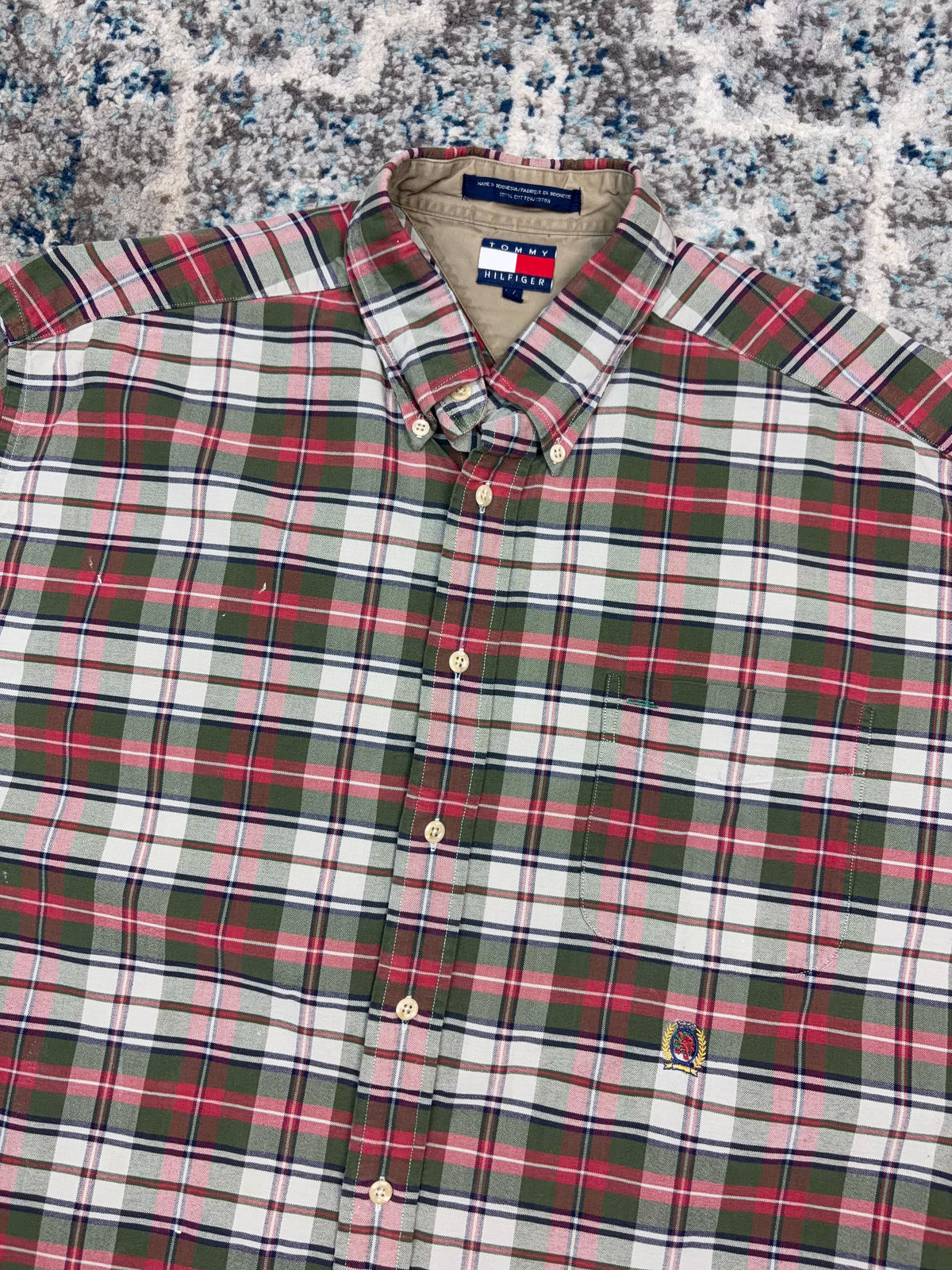 Vintage Tommy Hilfiger Embroidered Crest Plaid Reworked Cropped Button Up Shirt Size Large