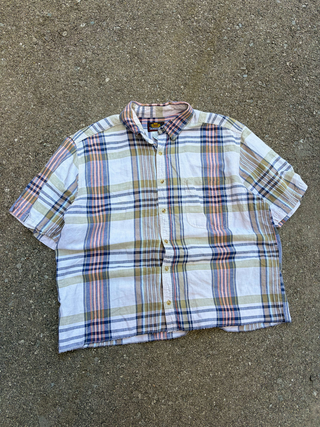 Vintage Sedgefield Plaid Single Pocket Short Sleeve Reworked Cropped Button Up Shirt Size XL