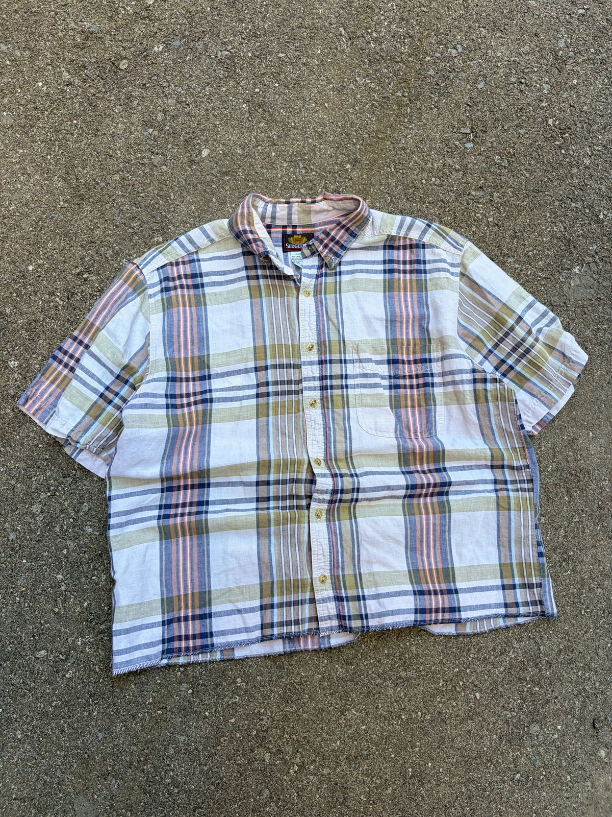 Vintage Sedgefield Plaid Single Pocket Short Sleeve Reworked Cropped Button Up Shirt Size XL
