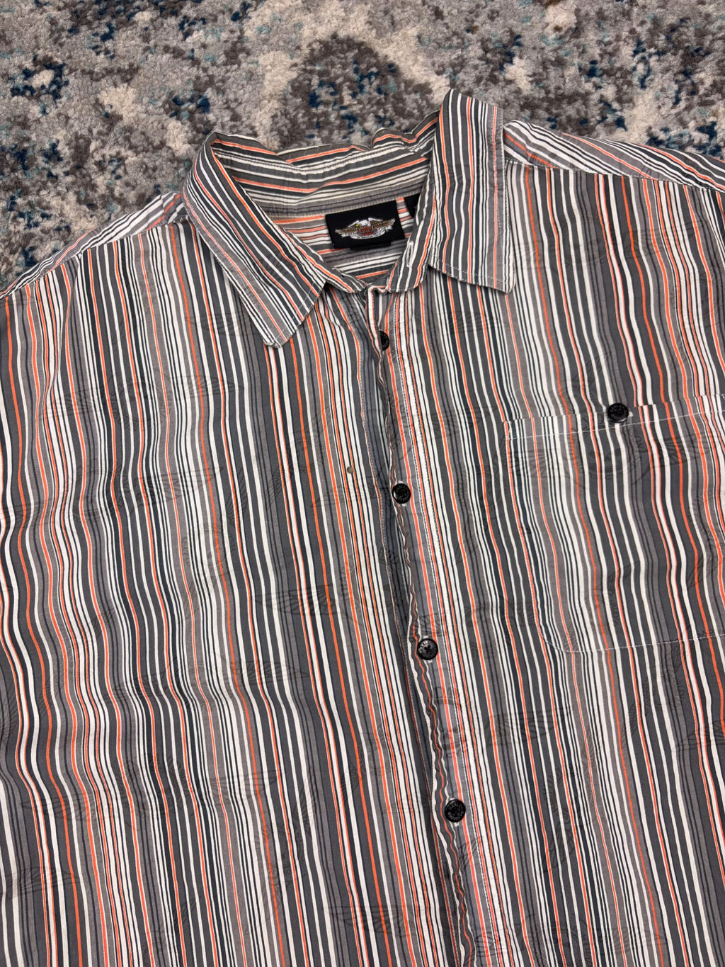 Vintage Harley Davidson Striped All Over Logo Print Short Sleeve Button Up Shirt Size 2XL