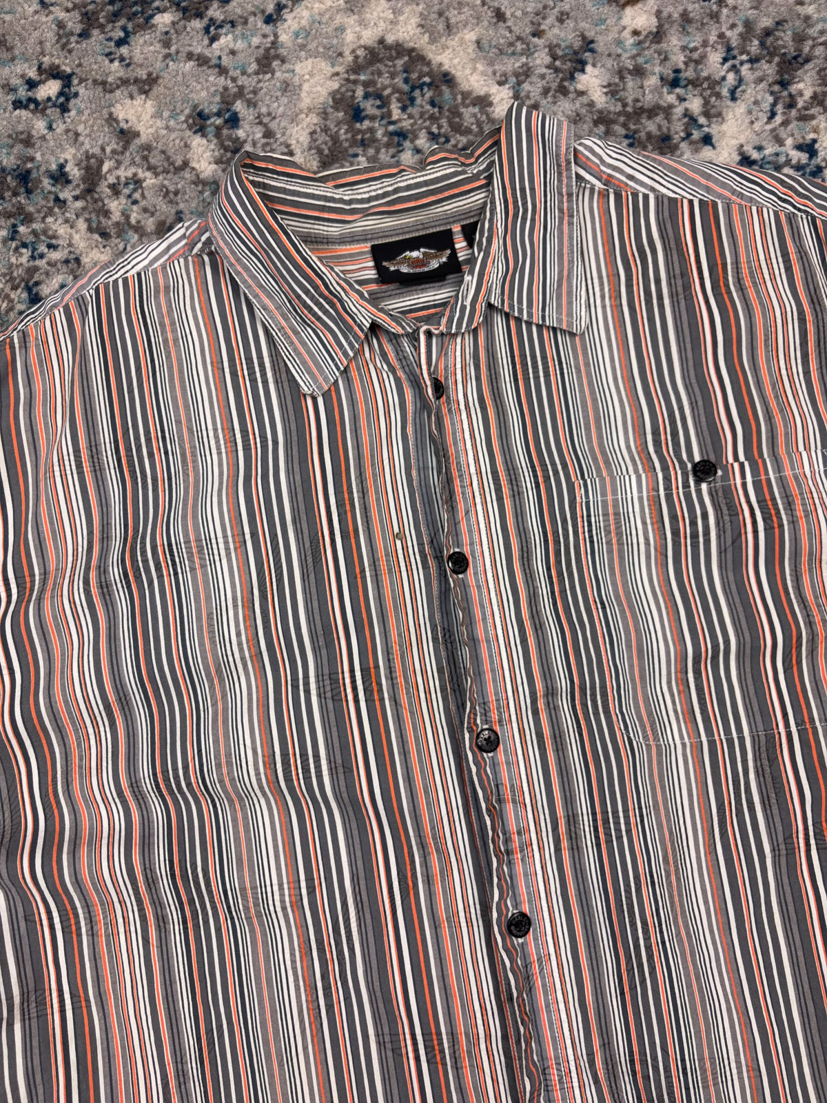 Vintage Harley Davidson Striped All Over Logo Print Short Sleeve Button Up Shirt Size 2XL