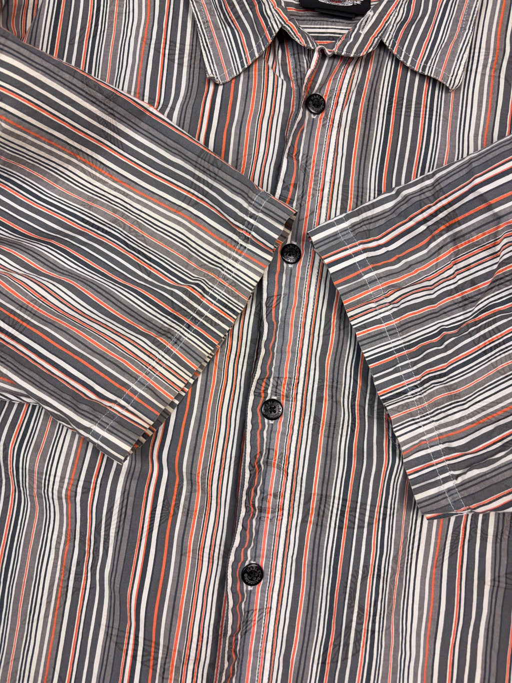 Vintage Harley Davidson Striped All Over Logo Print Short Sleeve Button Up Shirt Size 2XL