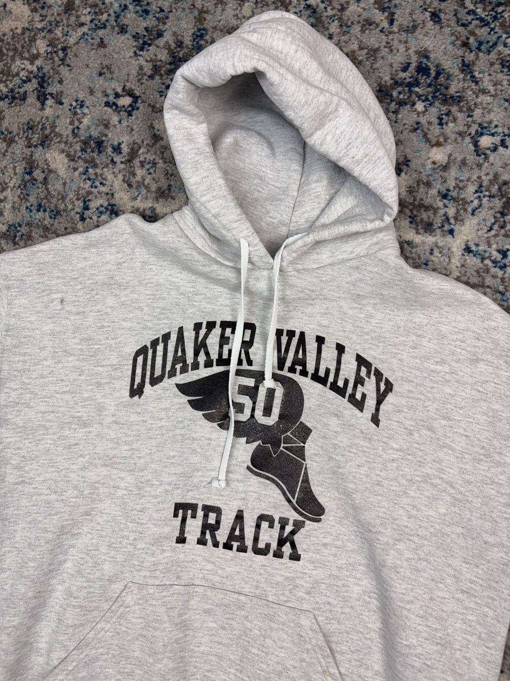Vintage 90s Quaker Valley Track Winged Foot Graphic Hooded Sweatshirt Size XL