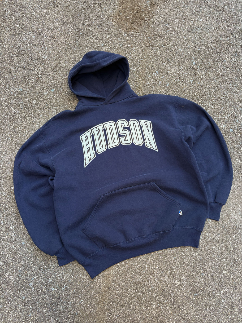Vintage 90s Hudson NCAA Arc Spellout Russell Athletics Hooded Sweatshirt Size XL
