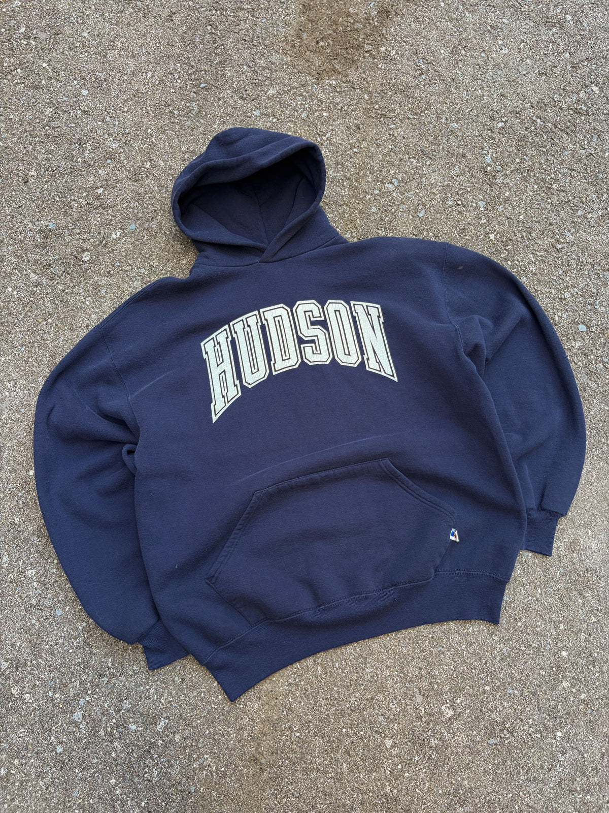 Vintage 90s Hudson NCAA Arc Spellout Russell Athletics Hooded Sweatshirt Size XL