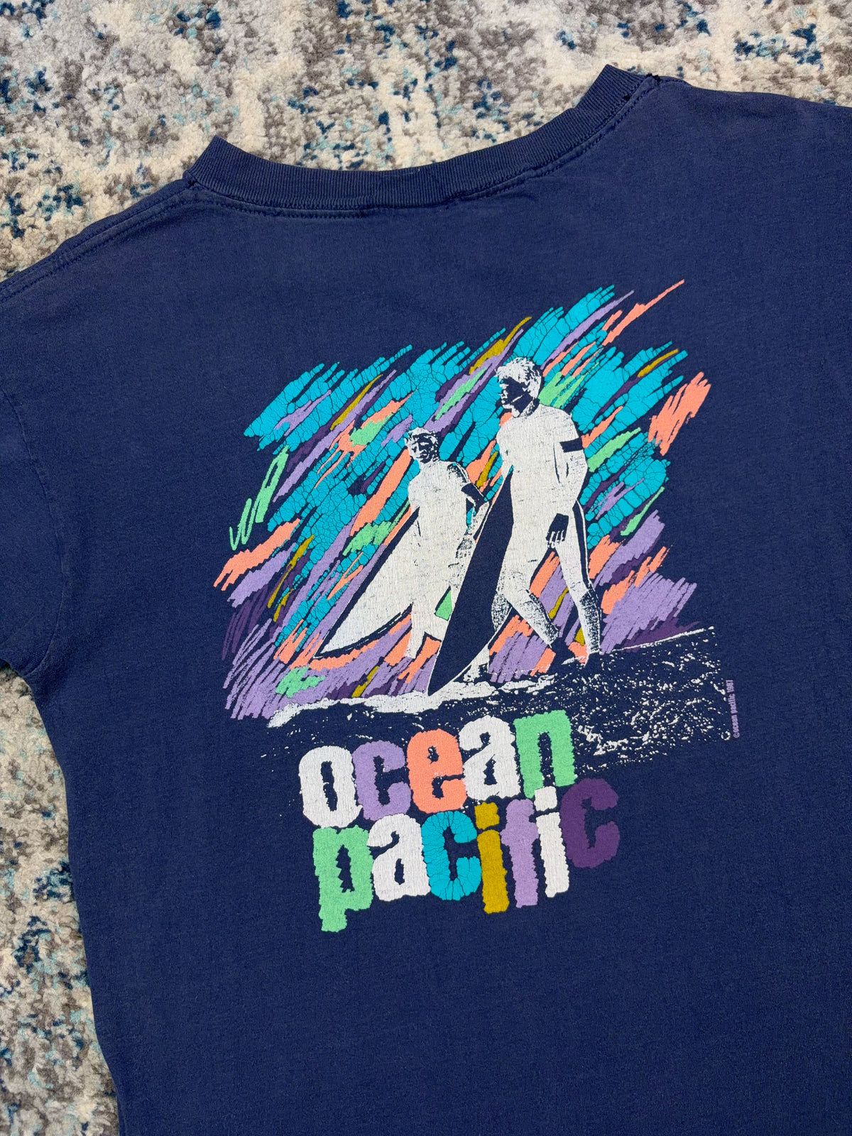 Vintage 1987 Ocean Pacific Surf Graphic Spellout T-Shirt Size Large