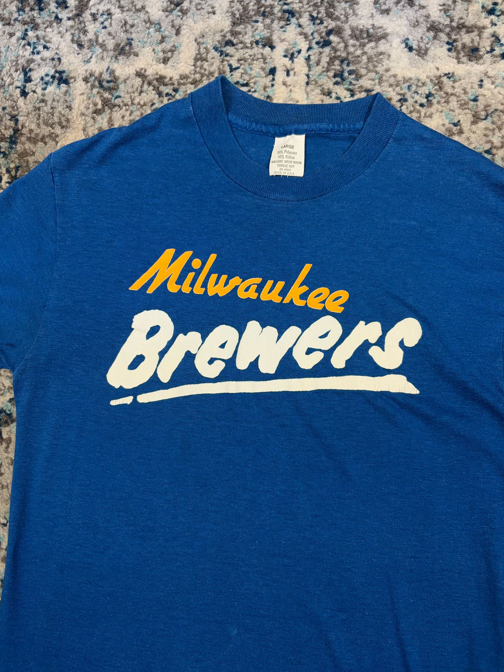 Vintage 80s Milwaukee Brewers MLB Script Spellout T-Shirt Size Large
