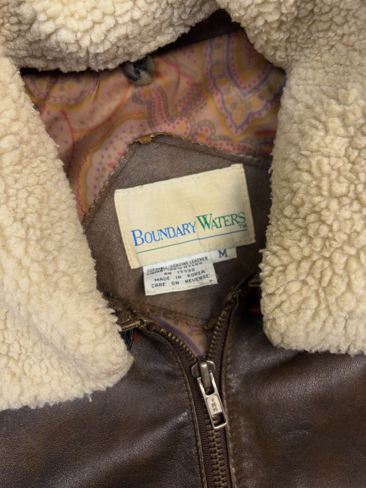 Vintage 90s Boundary Waters Sherpa Collar Brown Leather Bomber Jacket Size Medium