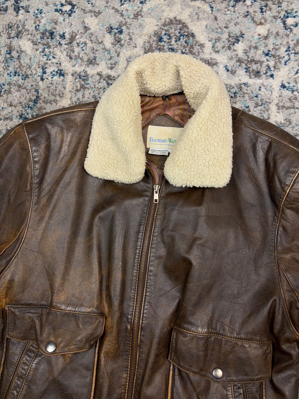 Vintage 90s Boundary Waters Sherpa Collar Brown Leather Bomber Jacket Size Medium